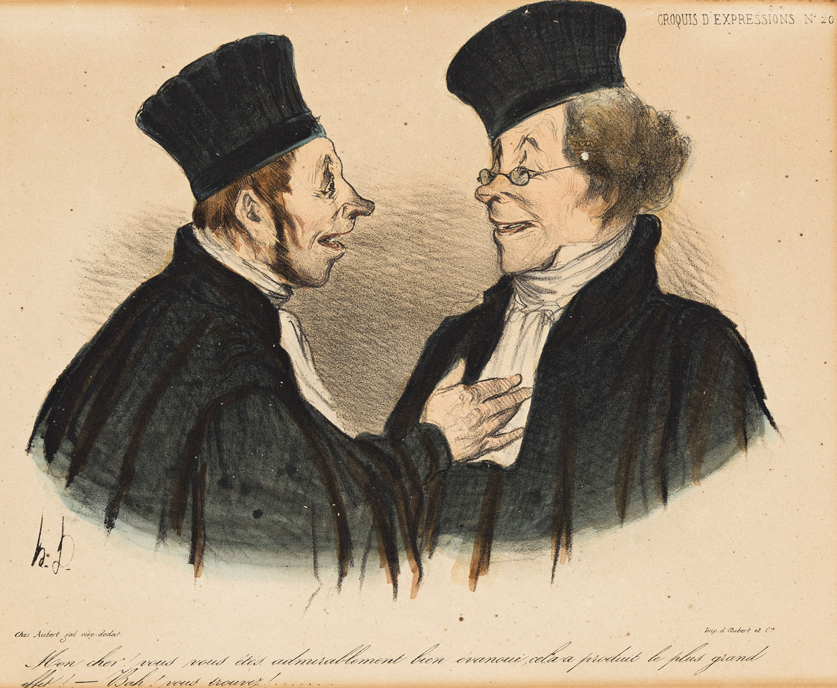 HONORÉ DAUMIER Group of 6 lithographs with hand coloring in watercolor.